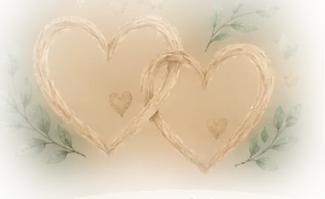 Dos corazones entrelazados rodeados de follaje