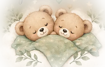 Dos ositos durmiendo juntos bajo una mantita verde salvia